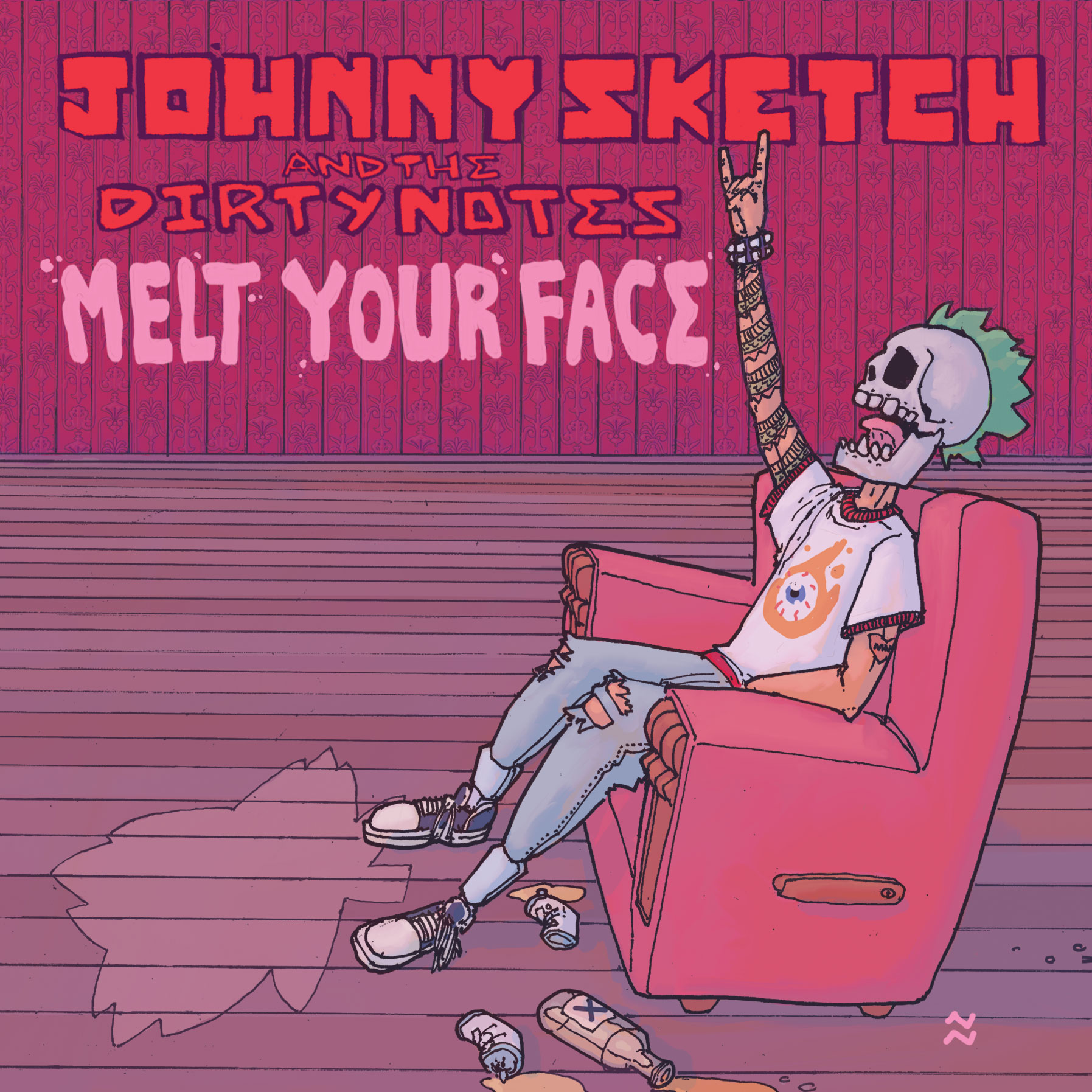 skeleton rocking out on a lazyboy recliner with the Johnny Sketch and the Dirty Notes melt your face written above image